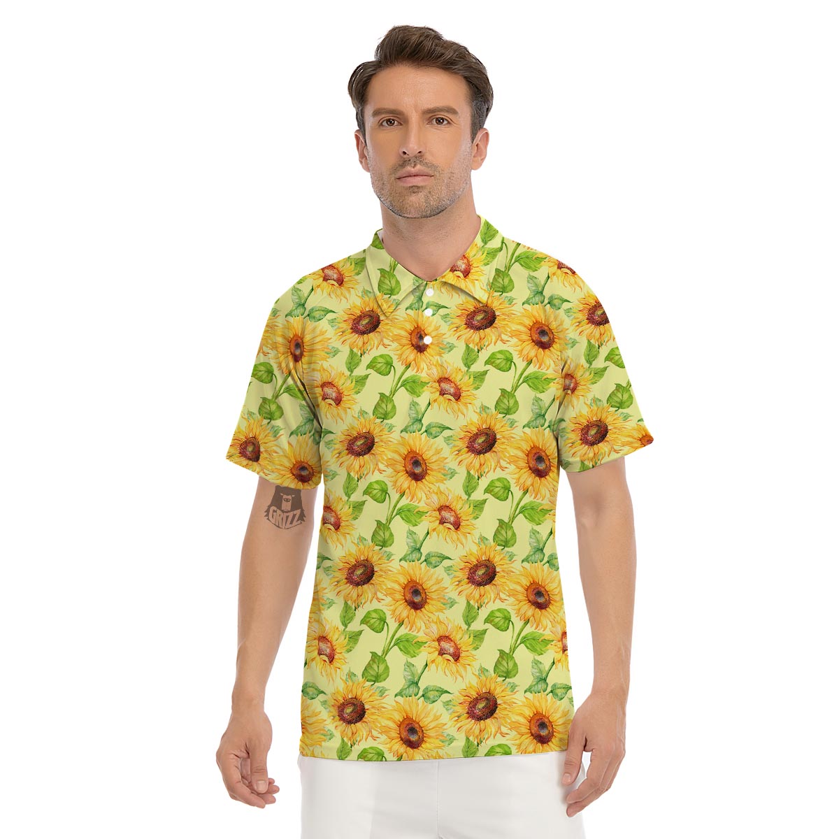 Yellow Sunflower Print Men's Golf Shirts-grizzshop