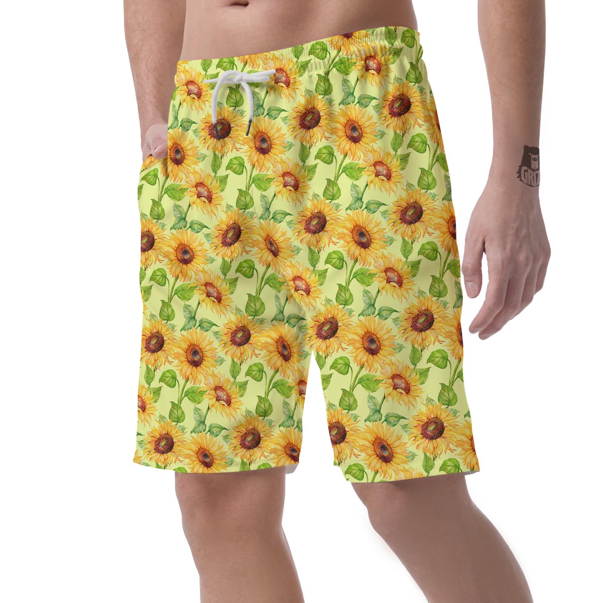 Yellow Sunflower Print Men's Shorts-grizzshop