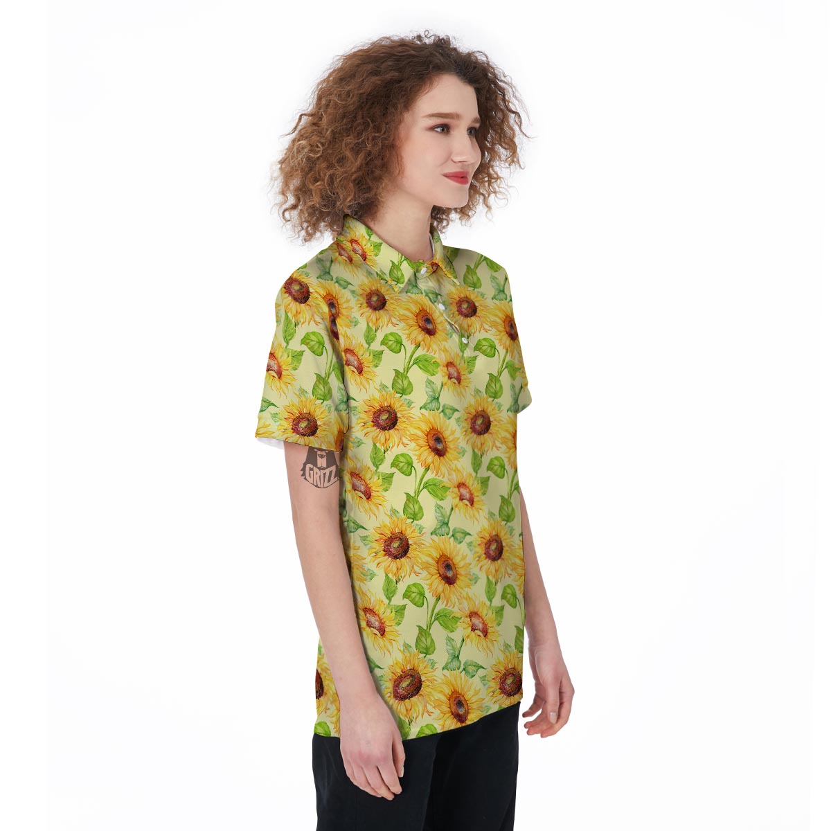 Yellow Sunflower Print Women's Golf Shirts-grizzshop
