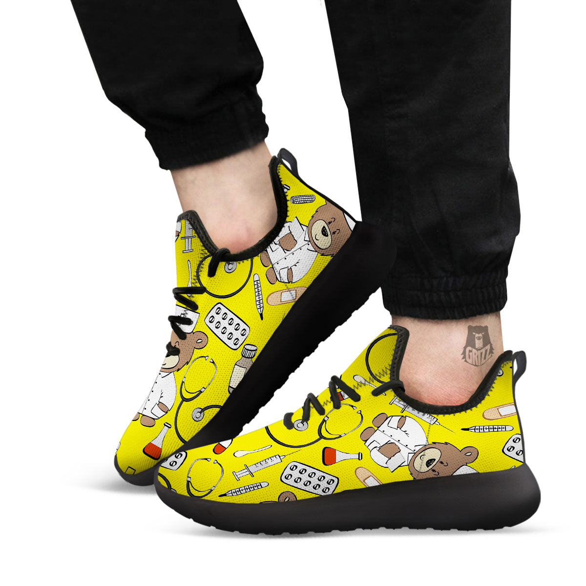 Yellow Teddy Bear Nurse Black Athletic Shoes-grizzshop