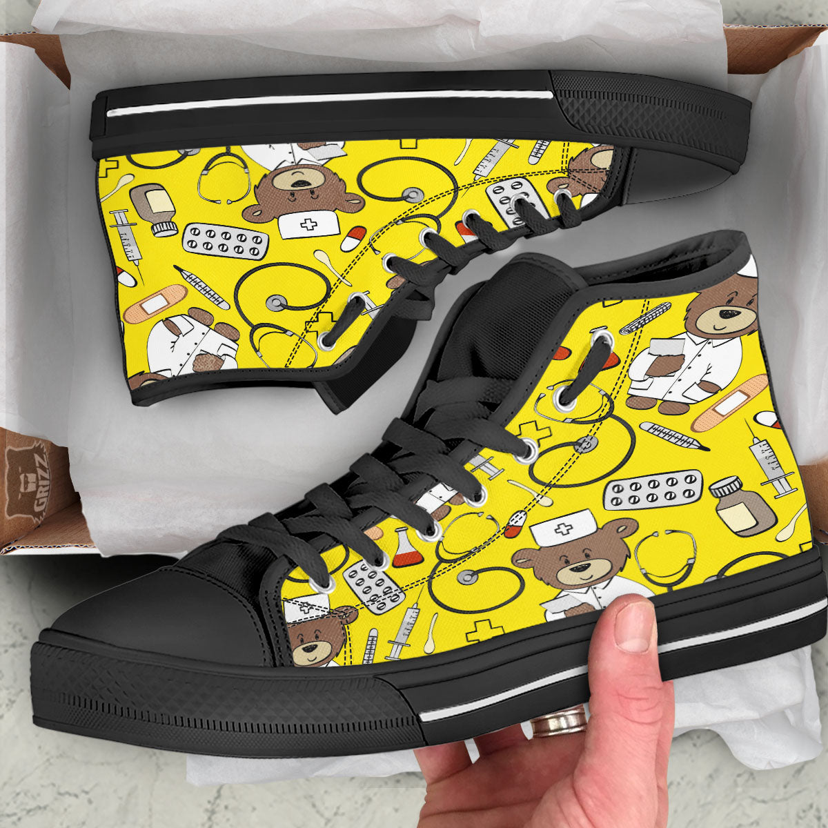 Yellow Teddy Bear Nurse Black High Top Shoes-grizzshop