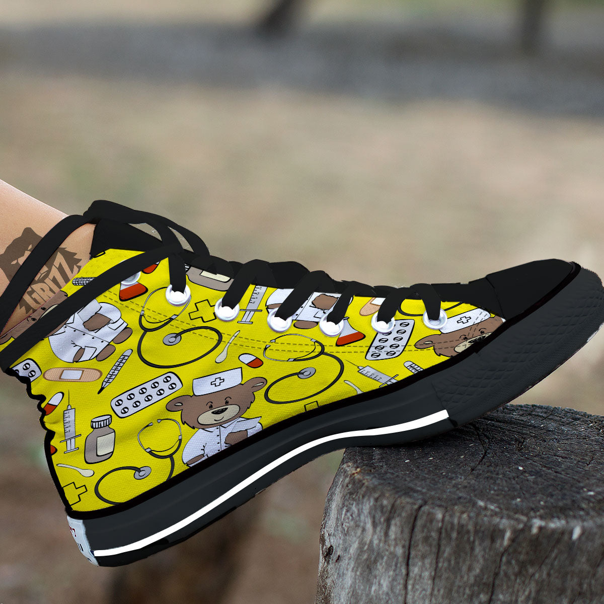Yellow Teddy Bear Nurse Black High Top Shoes-grizzshop