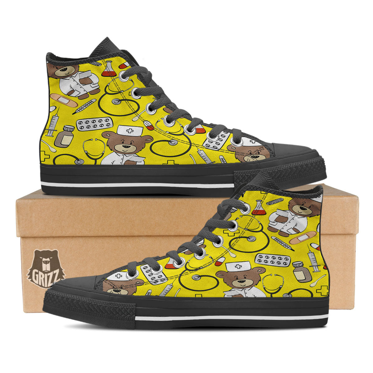 Yellow Teddy Bear Nurse Black High Top Shoes-grizzshop