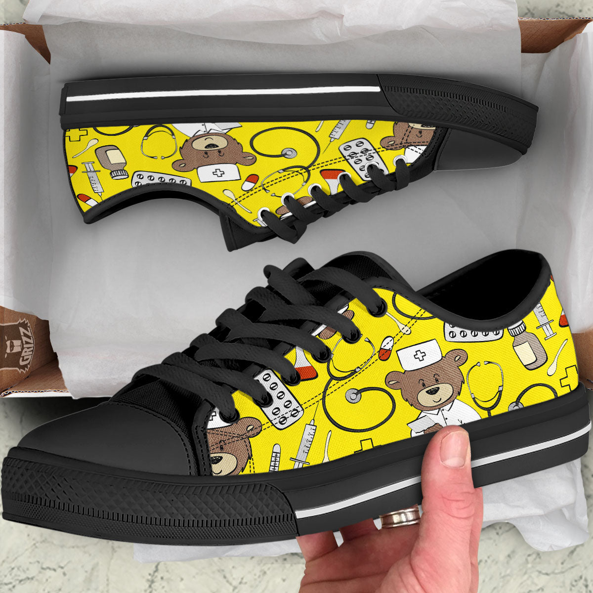 Yellow Teddy Bear Nurse Black Low Top Shoes-grizzshop