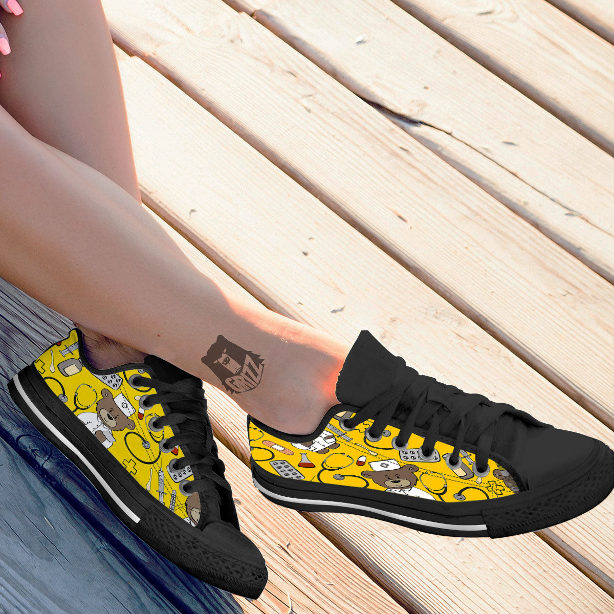 Yellow Teddy Bear Nurse Black Low Top Shoes-grizzshop