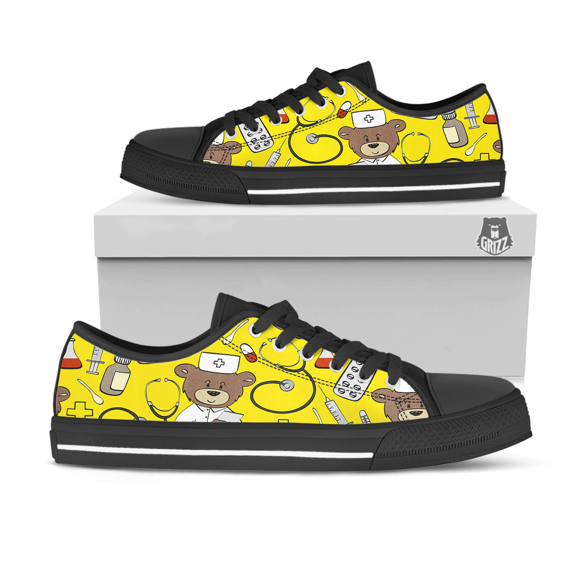 Yellow Teddy Bear Nurse Black Low Top Shoes-grizzshop