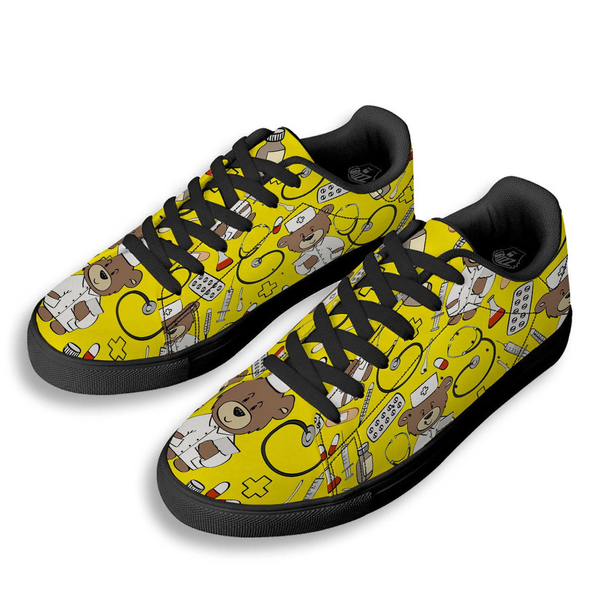 Yellow Teddy Bear Nurse Black Low Top Sneakers-grizzshop