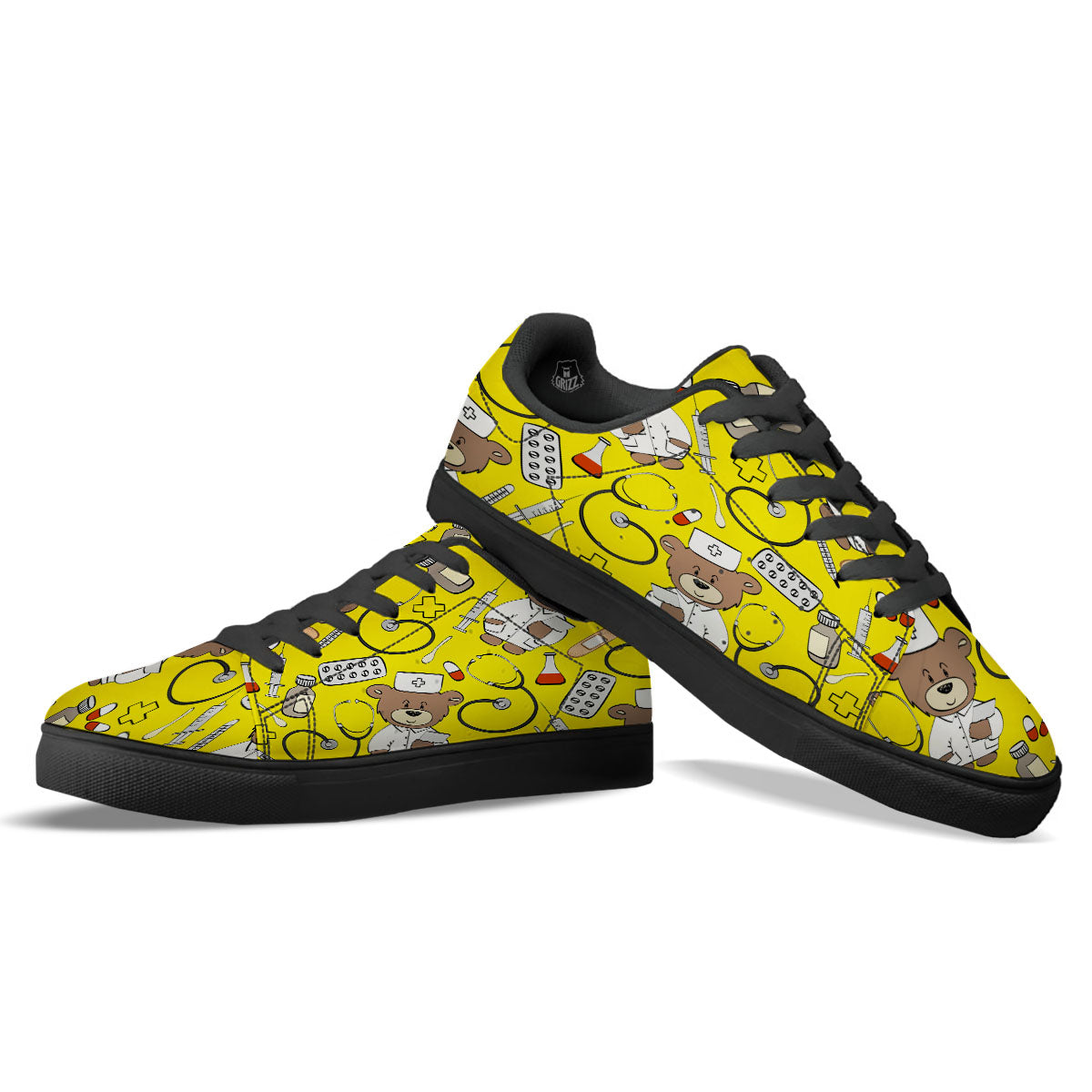 Yellow Teddy Bear Nurse Black Low Top Sneakers-grizzshop
