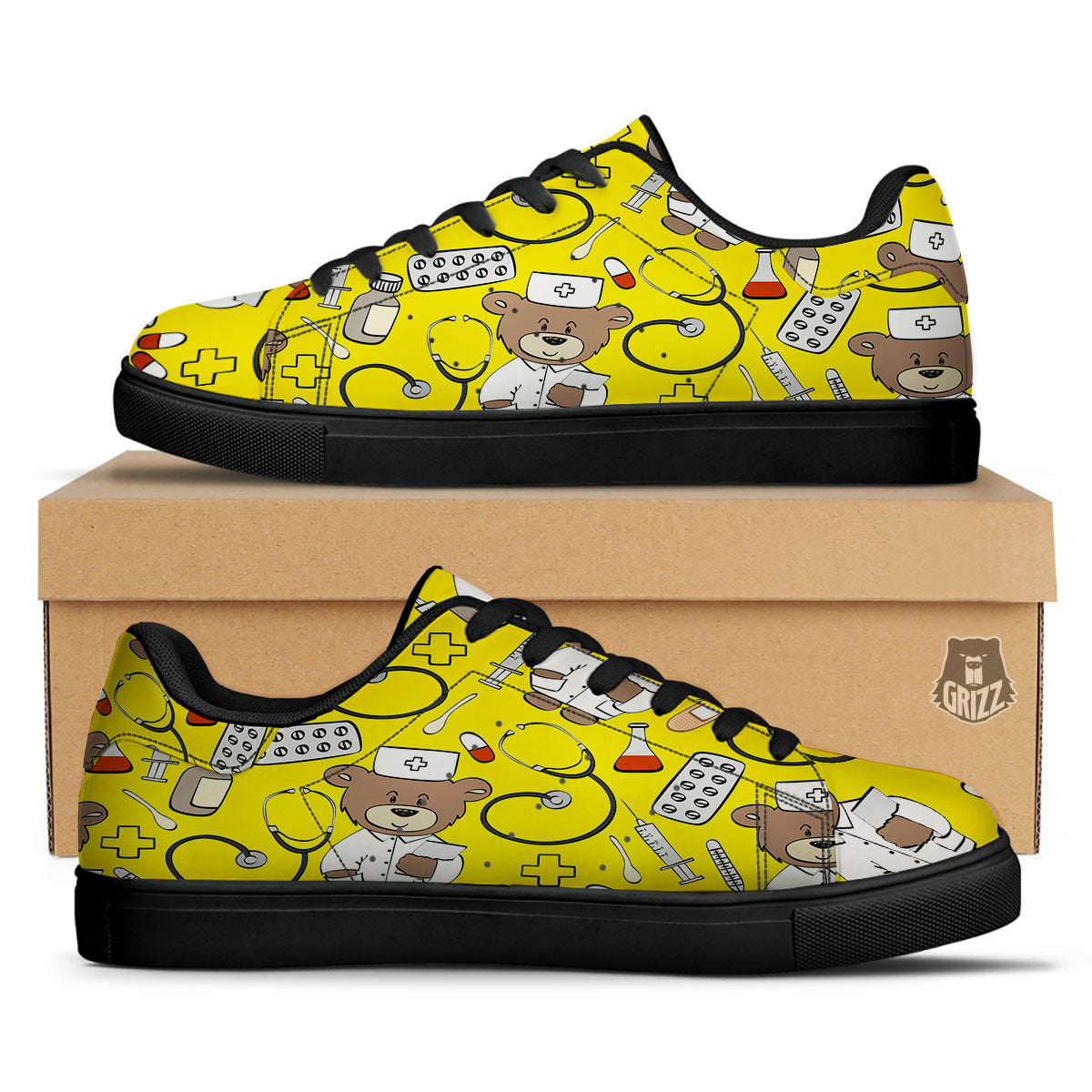 Yellow Teddy Bear Nurse Black Low Top Sneakers-grizzshop
