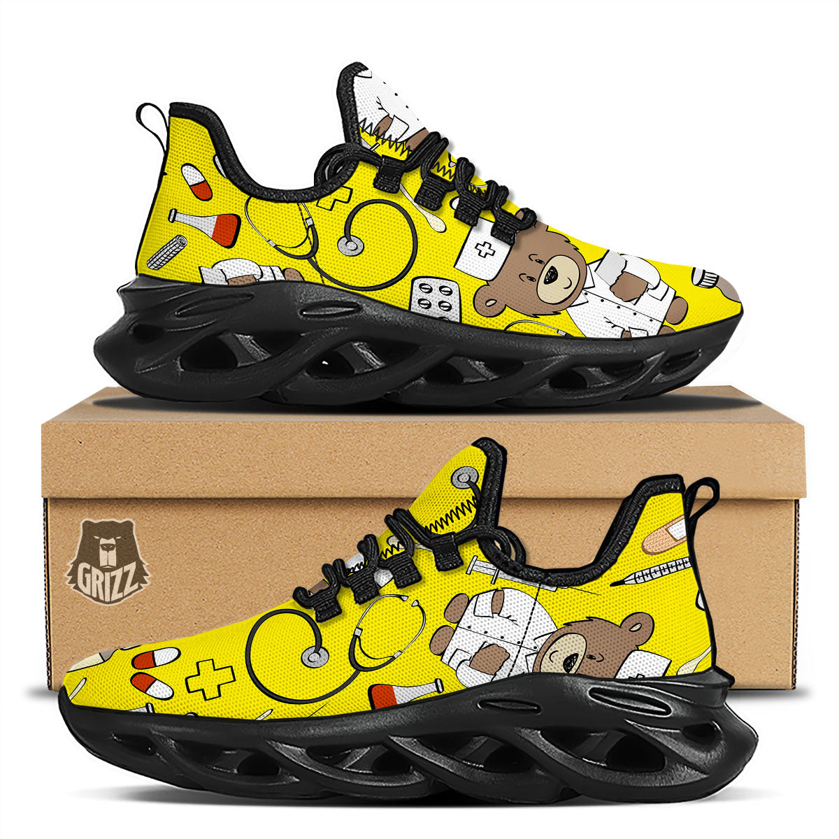 Yellow Teddy Bear Nurse Black Running Shoes-grizzshop