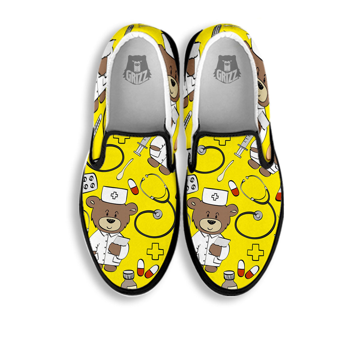 Yellow Teddy Bear Nurse Black Slip On Shoes-grizzshop