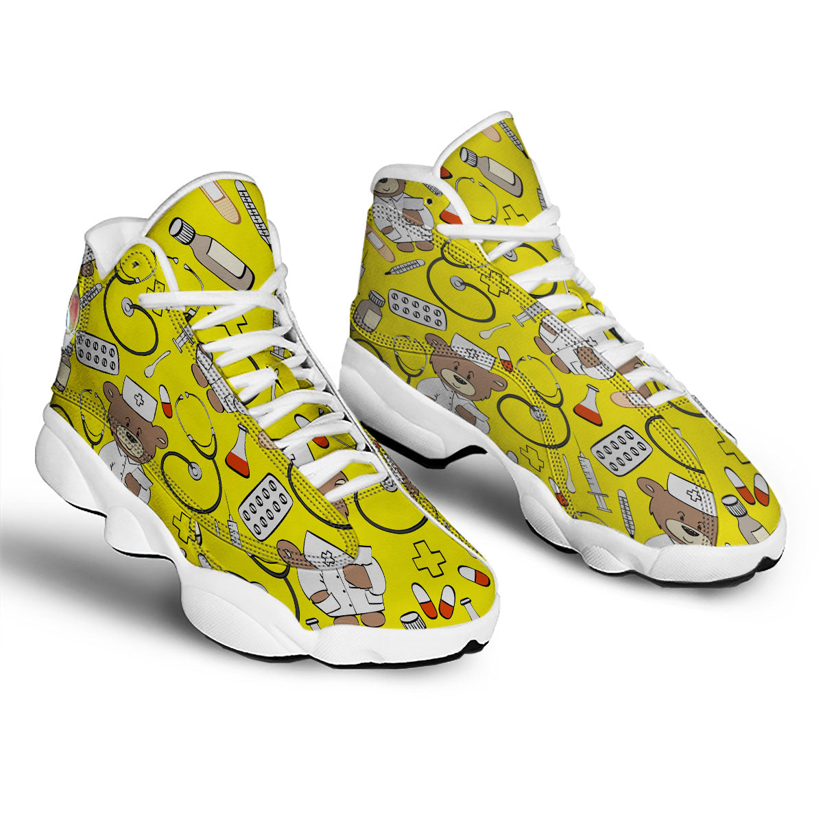 Yellow Teddy Bear Nurse White Basketball Shoes-grizzshop