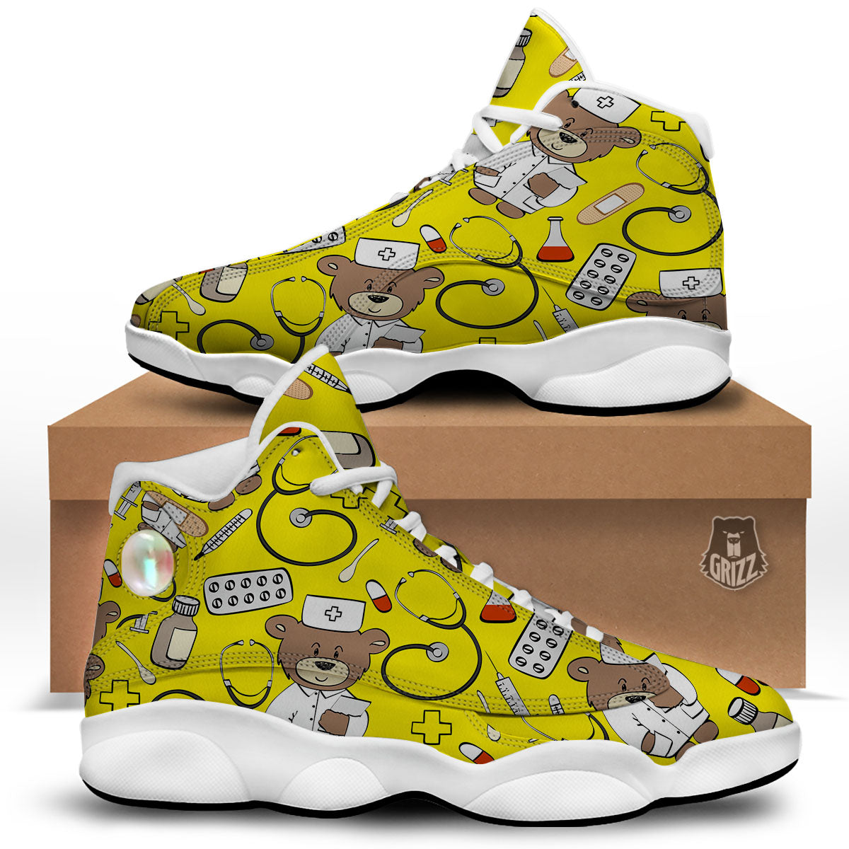 Yellow Teddy Bear Nurse White Basketball Shoes-grizzshop