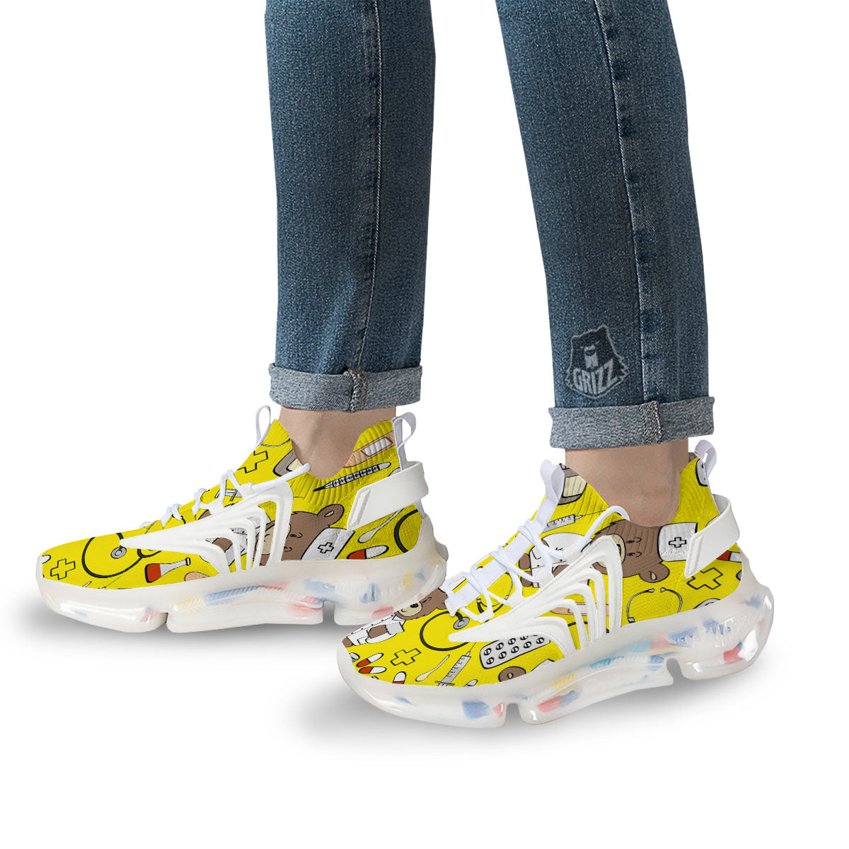 Yellow Teddy Bear Nurse White Gym Shoes-grizzshop