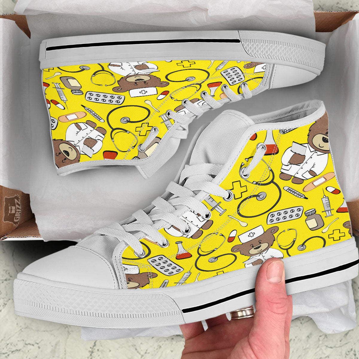 Yellow Teddy Bear Nurse White High Top Shoes-grizzshop