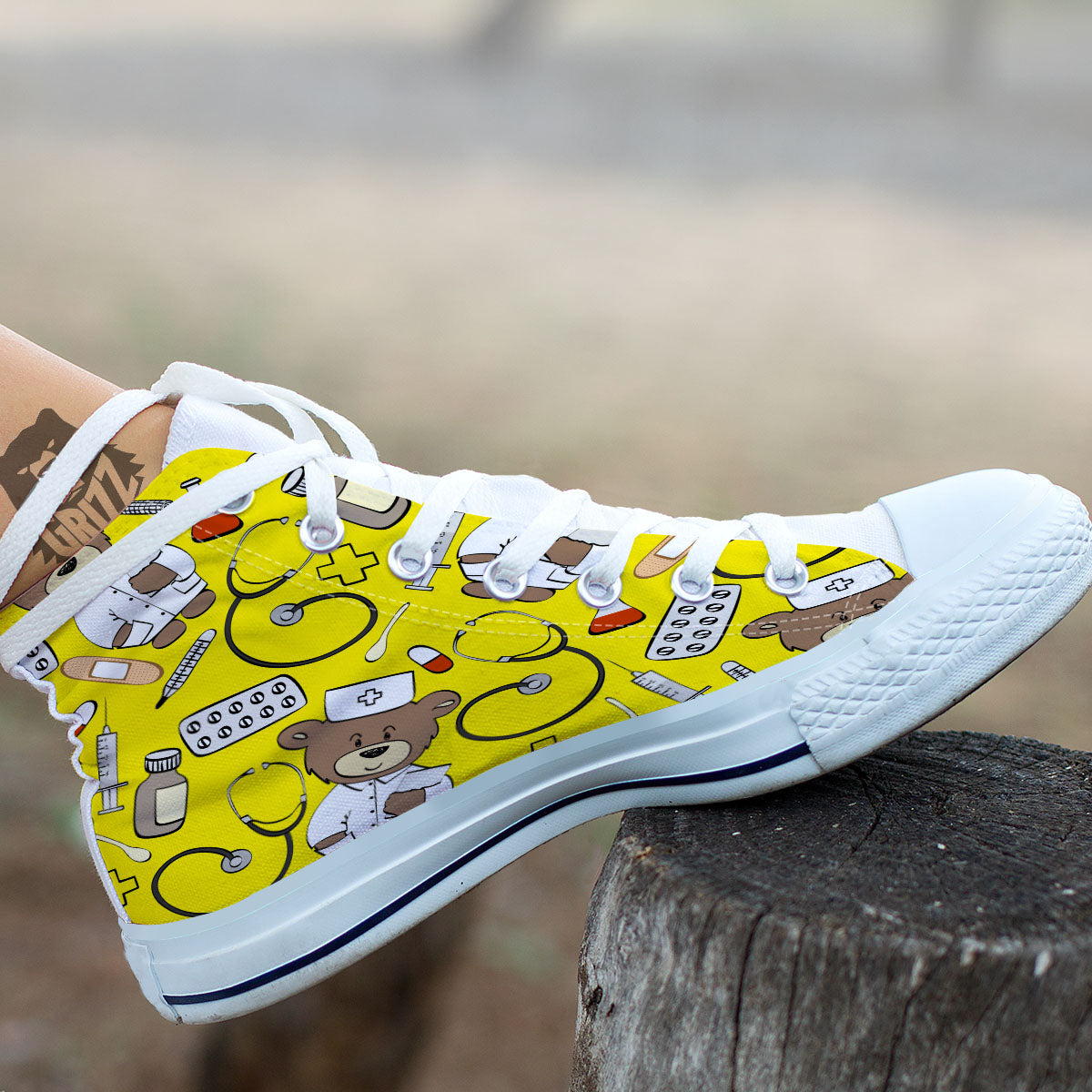 Yellow Teddy Bear Nurse White High Top Shoes-grizzshop
