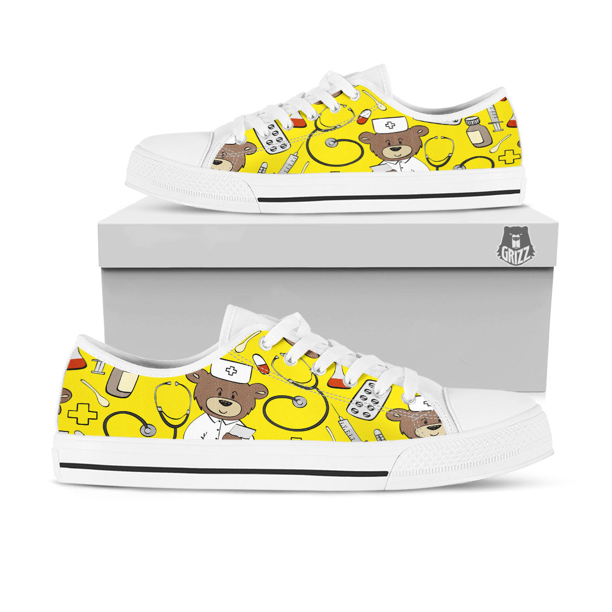Yellow Teddy Bear Nurse White Low Top Shoes-grizzshop