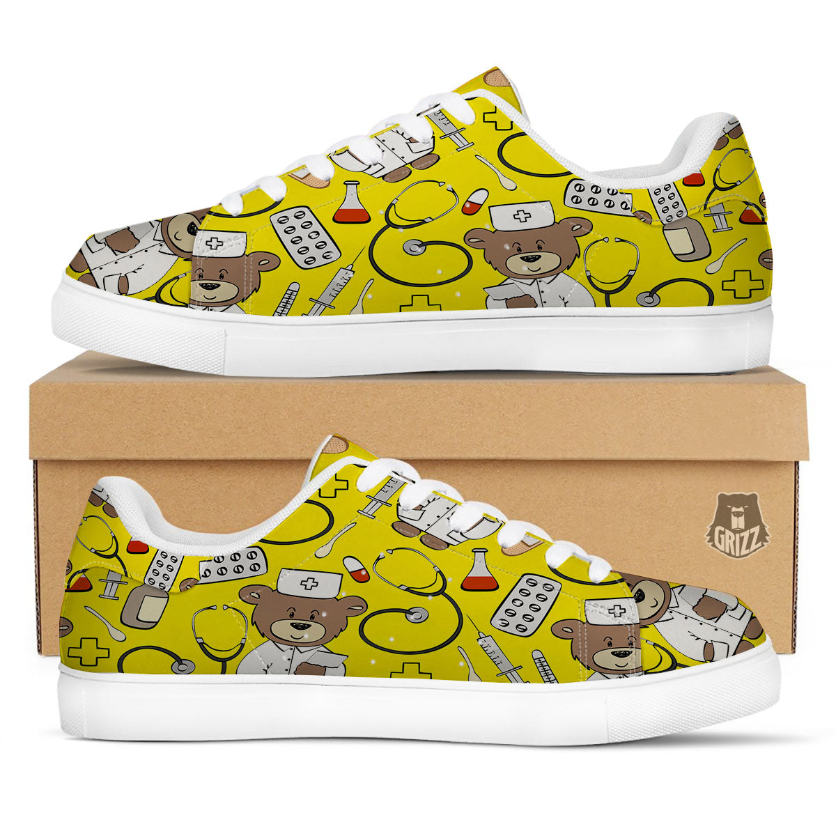 Yellow Teddy Bear Nurse White Low Top Sneakers-grizzshop
