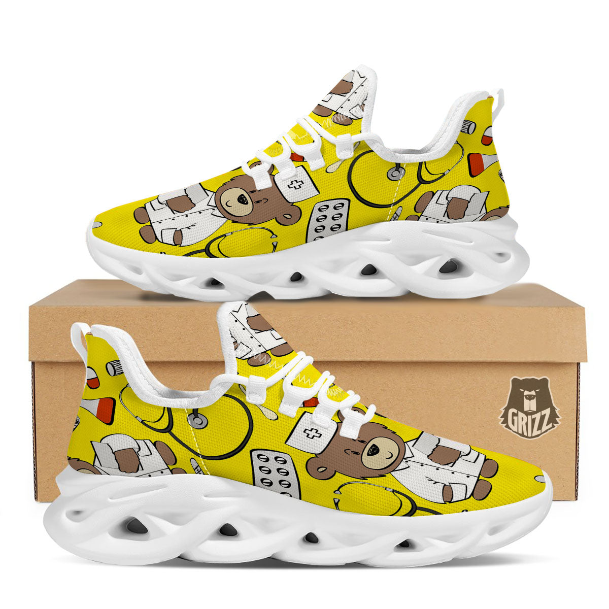 Yellow Teddy Bear Nurse White Running Shoes-grizzshop