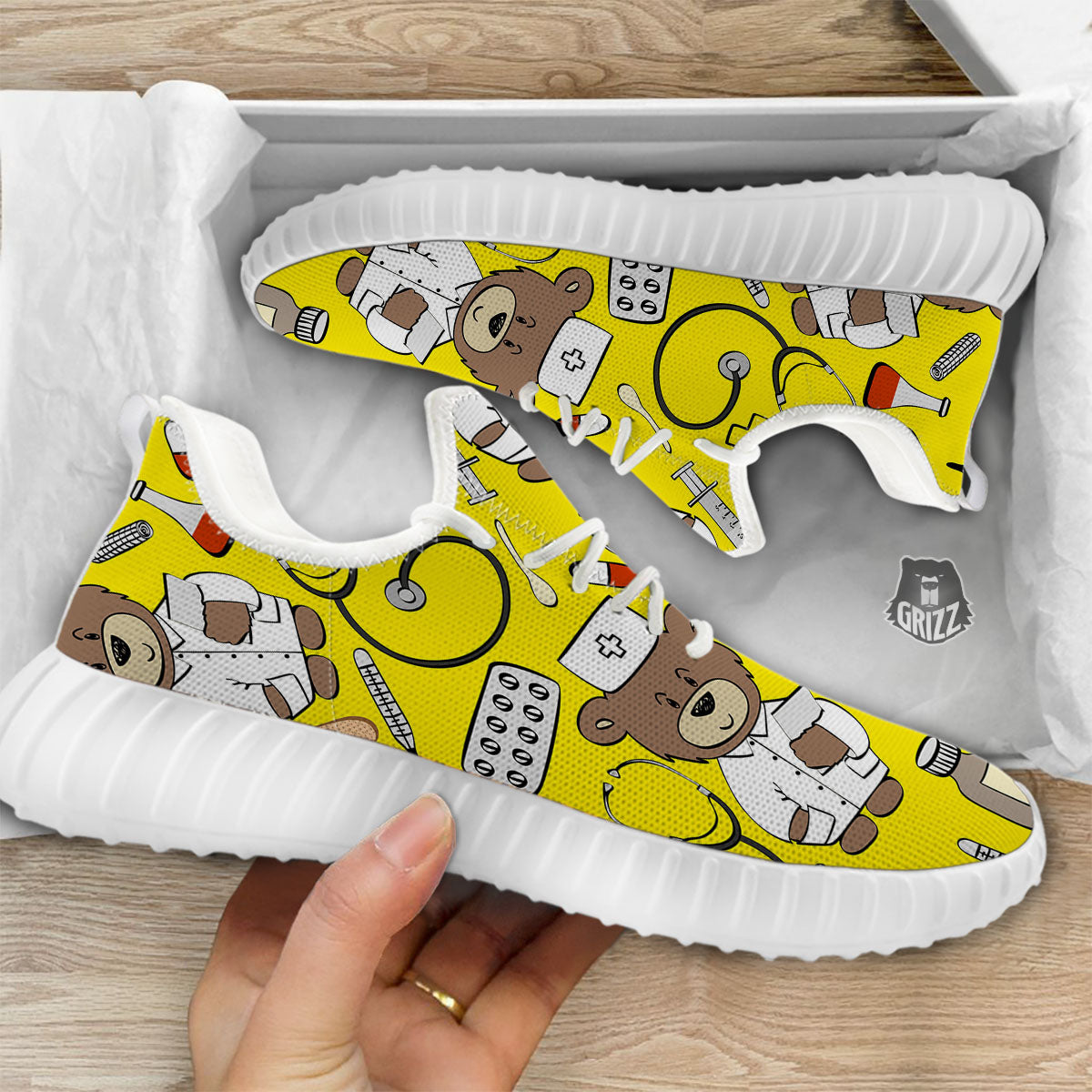 Yellow Teddy Bear Nurse White Walking Shoes-grizzshop