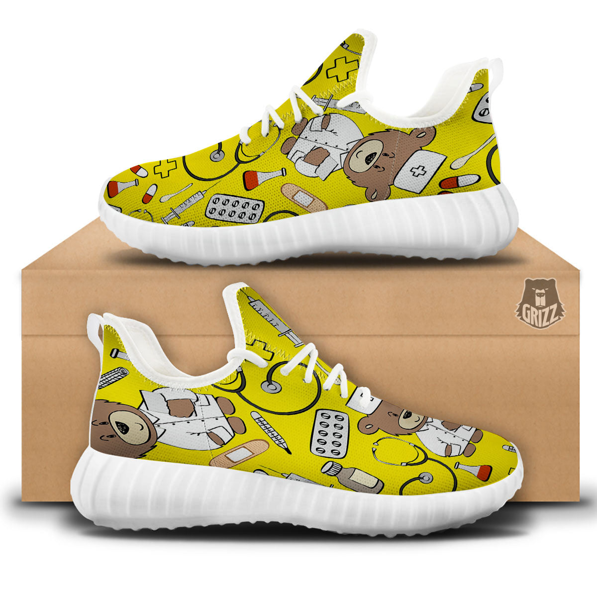 Yellow Teddy Bear Nurse White Walking Shoes-grizzshop