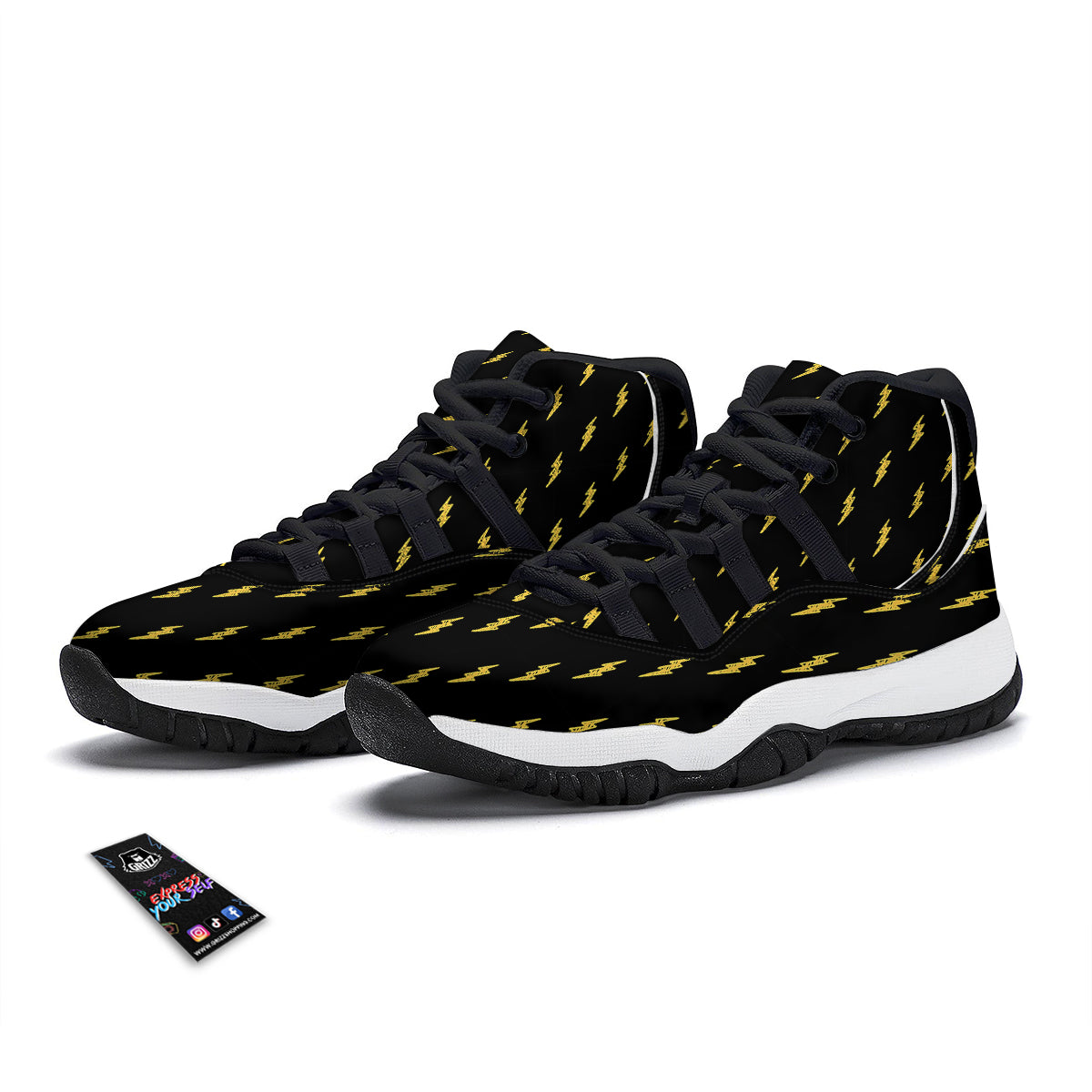 Yellow Thunder Black Print Pattern Black Bball Shoes-grizzshop
