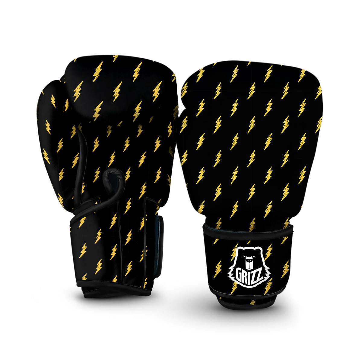 Yellow Thunder Black Print Pattern Boxing Gloves-grizzshop