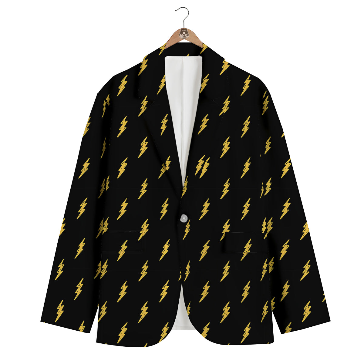Yellow Thunder Black Print Pattern Men's Blazer-grizzshop