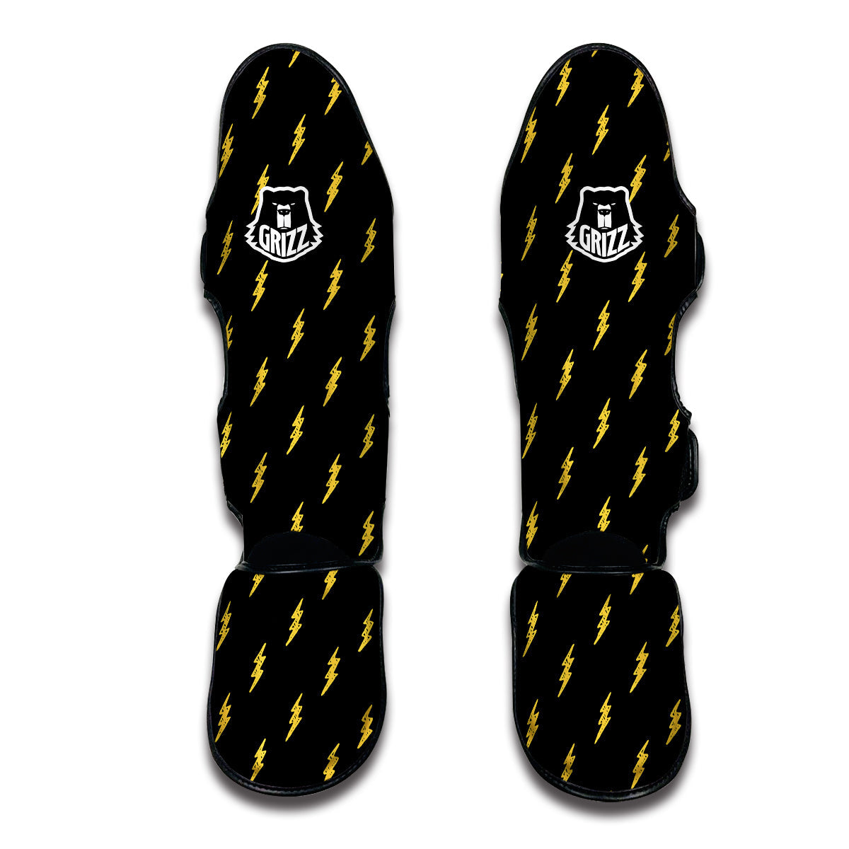 Yellow Thunder Black Print Pattern Muay Thai Shin Guards-grizzshop