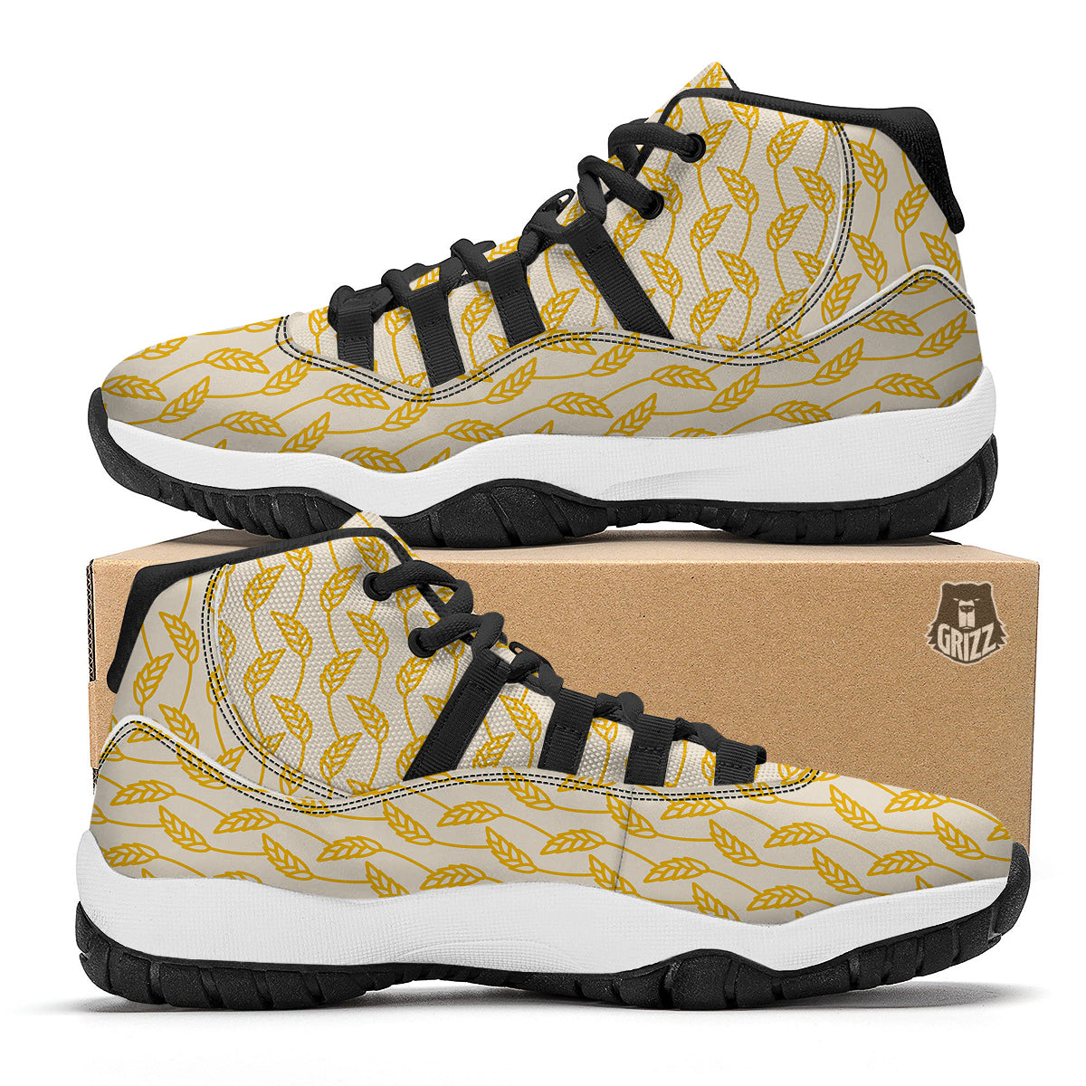 Yellow Wheat Print Pattern Black Bball Shoes-grizzshop