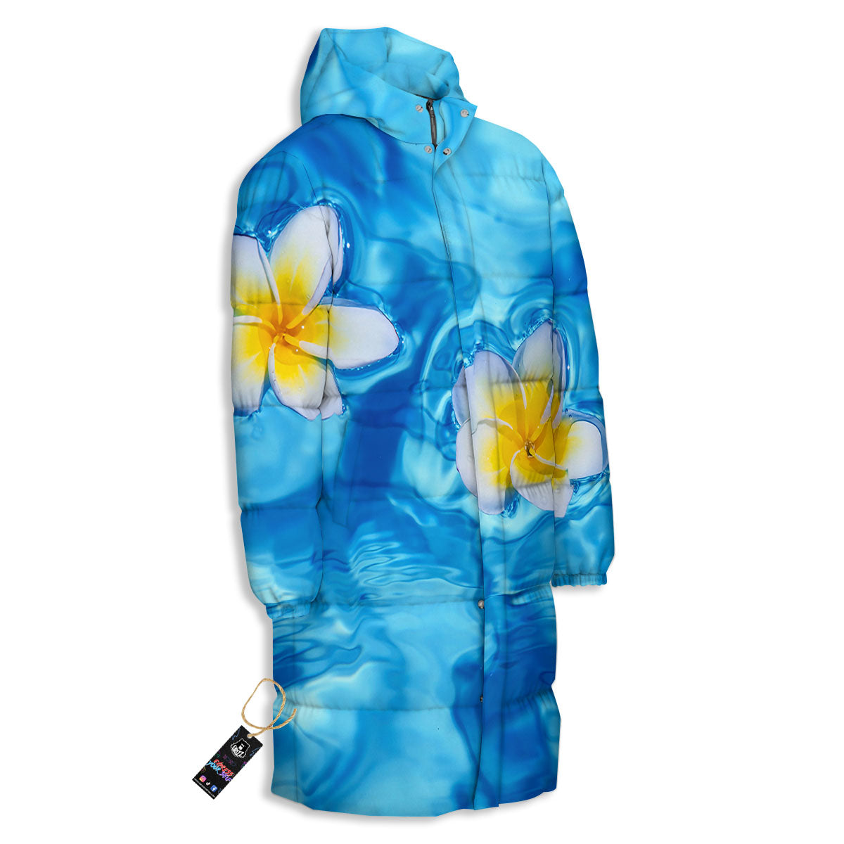 Yellow And White Plumeria In Water Print Long Down Jacket