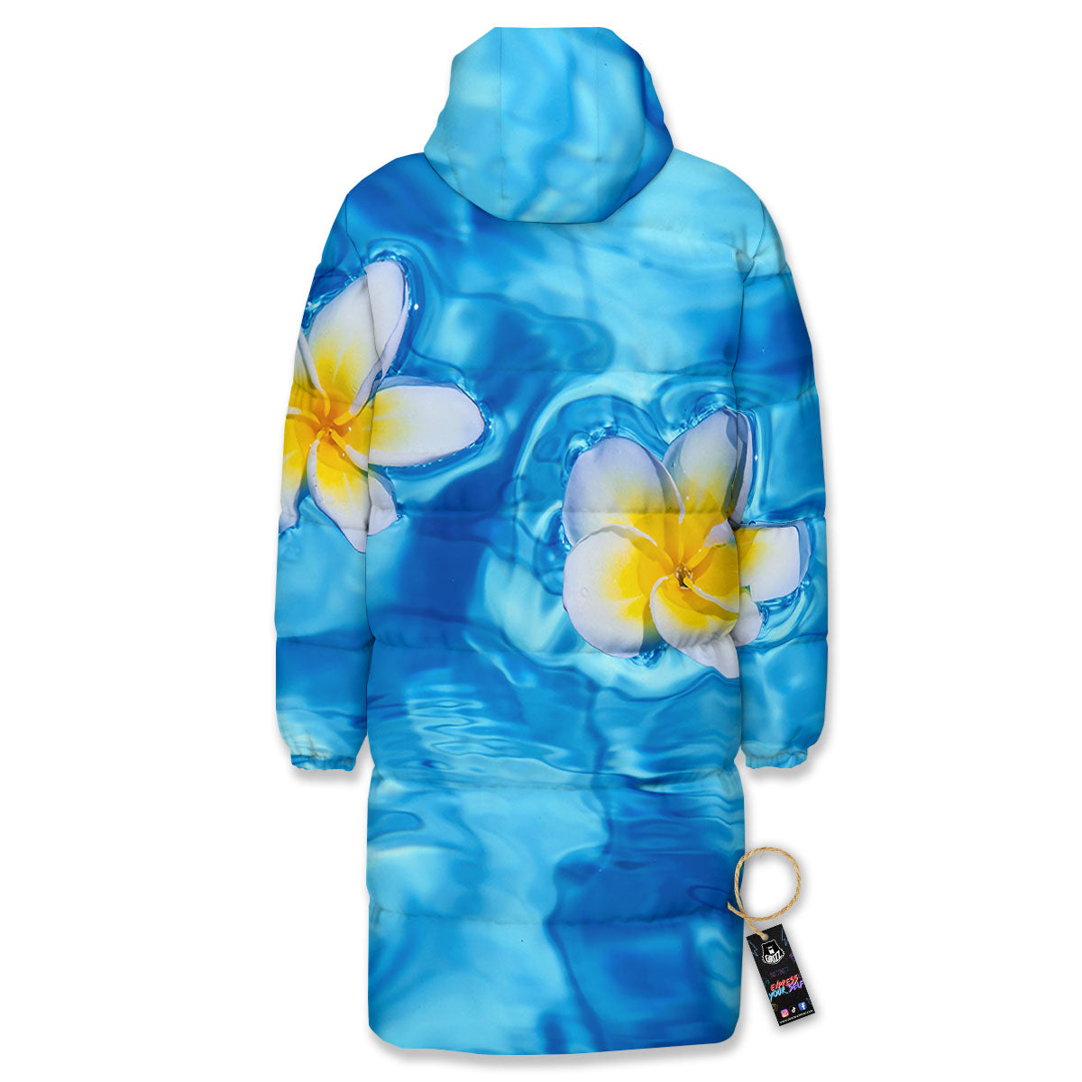 Yellow And White Plumeria In Water Print Long Down Jacket
