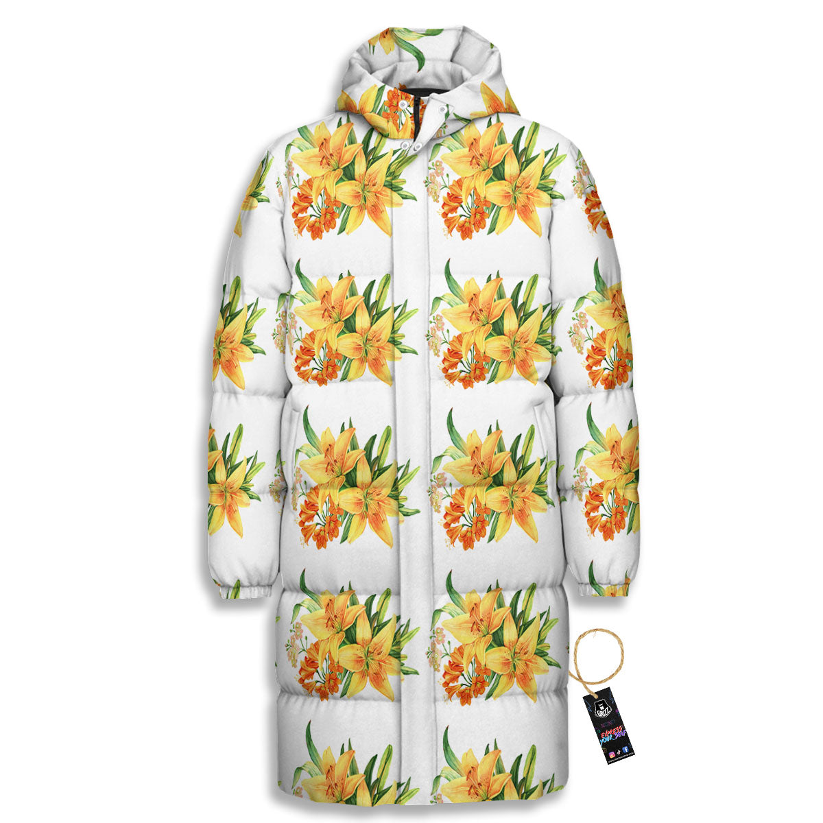 Yellow Lily Watercolor Print Pattern Long Down Jacket
