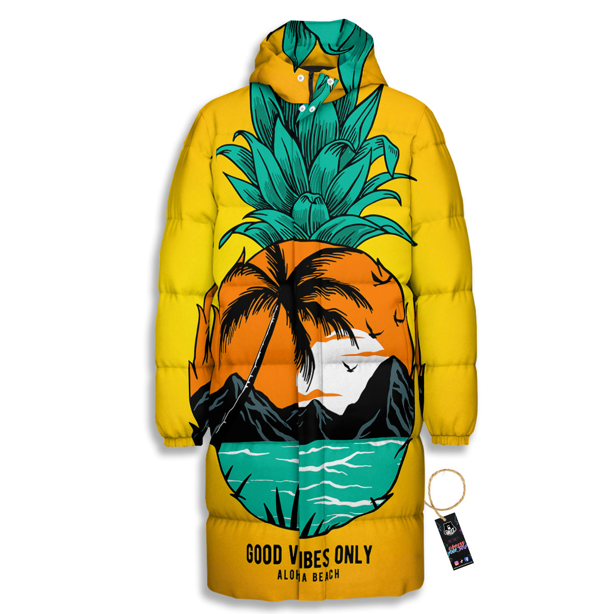 Yellow Pineapple Aloha Tropical Island Print Long Down Jacket
