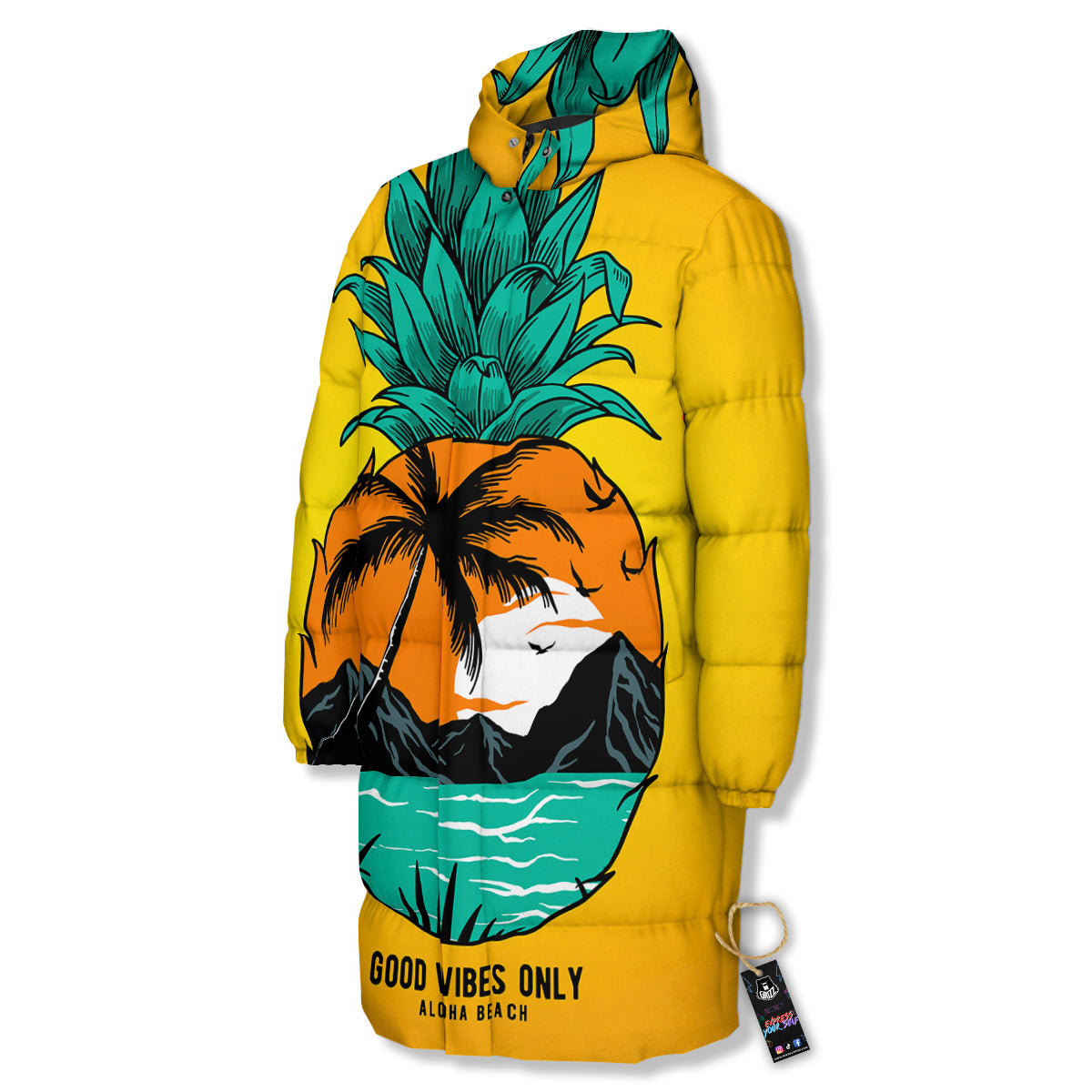 Yellow Pineapple Aloha Tropical Island Print Long Down Jacket