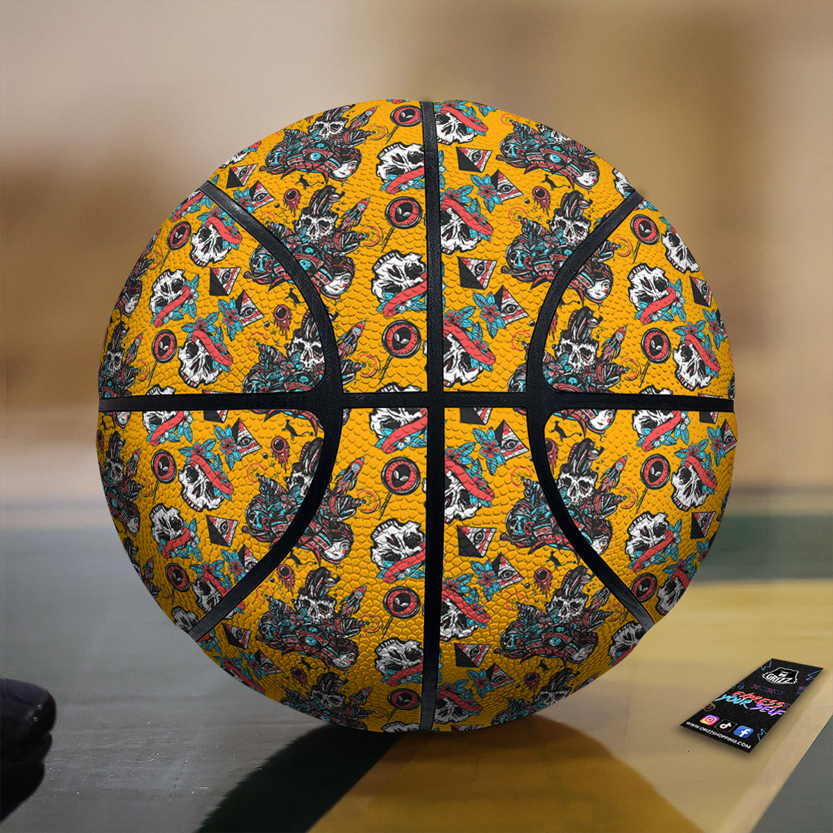 Yellow Skull Old School Tattoo Print Pattern Basketball