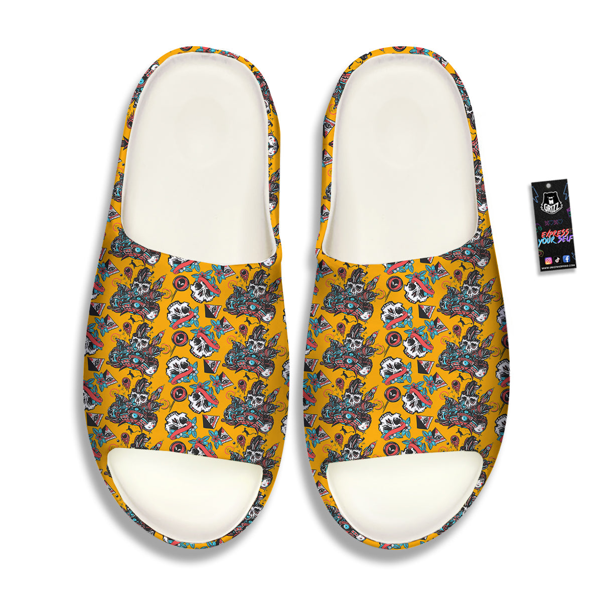 Yellow Skull Old School Tattoo Print Pattern Sandals-grizzshop