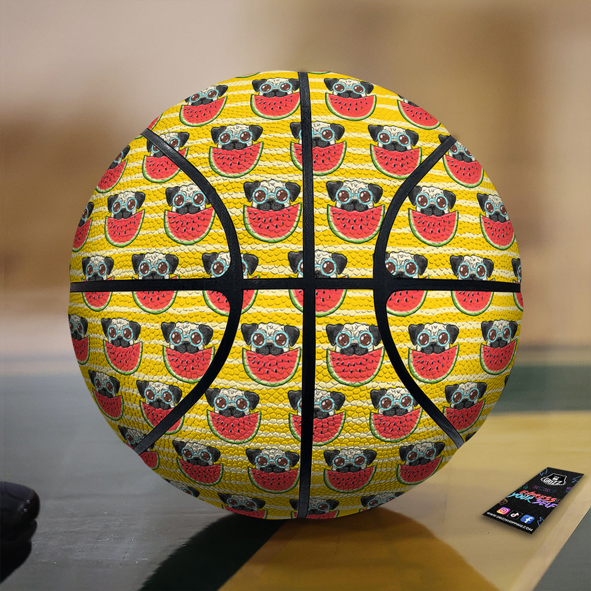 Yellow Striped Pug Dog Print Pattern Basketball