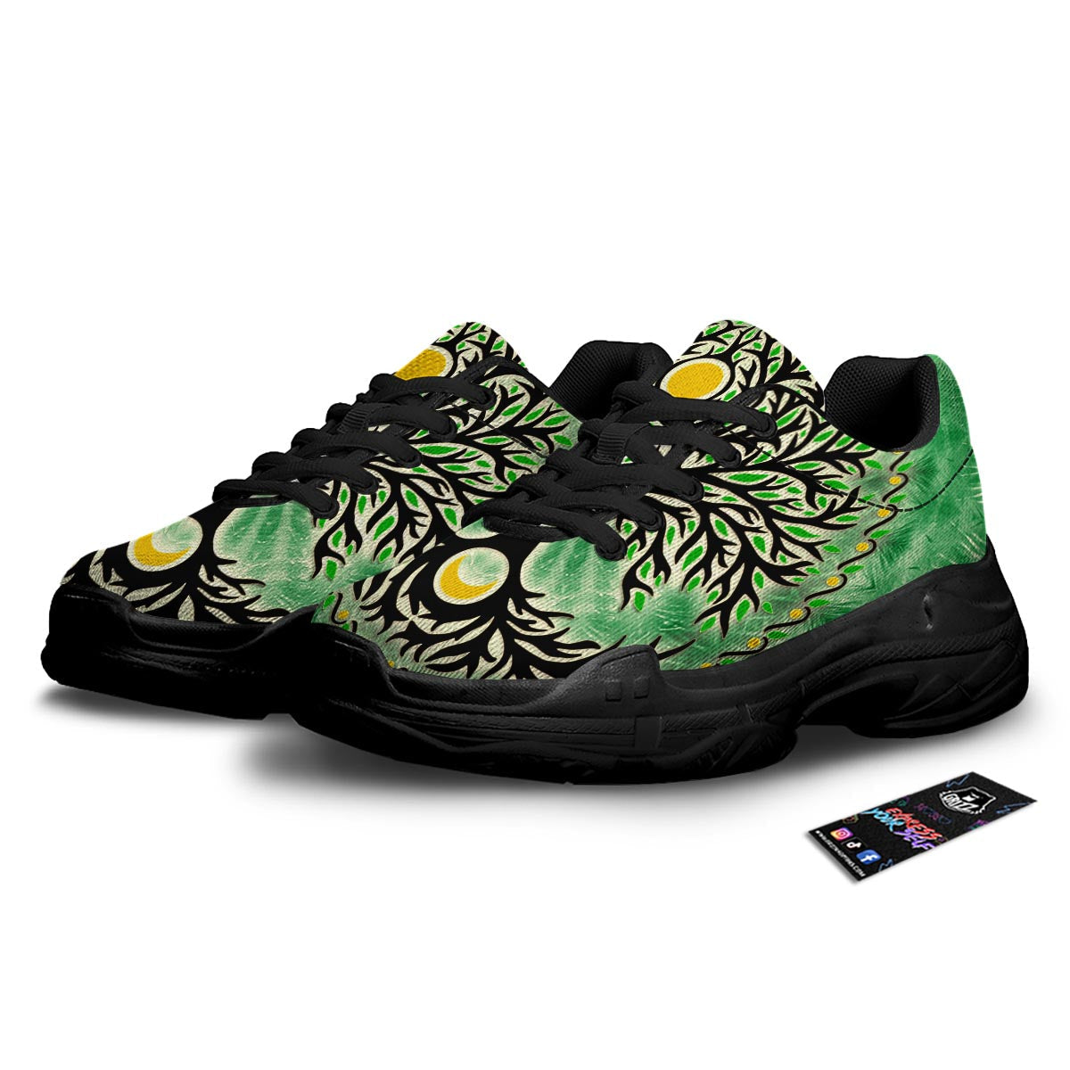 Yggdrasil Moon And Sun Print Black Chunky Shoes-grizzshop