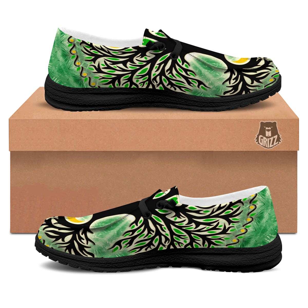 Yggdrasil Moon And Sun Print Black Loafers-grizzshop