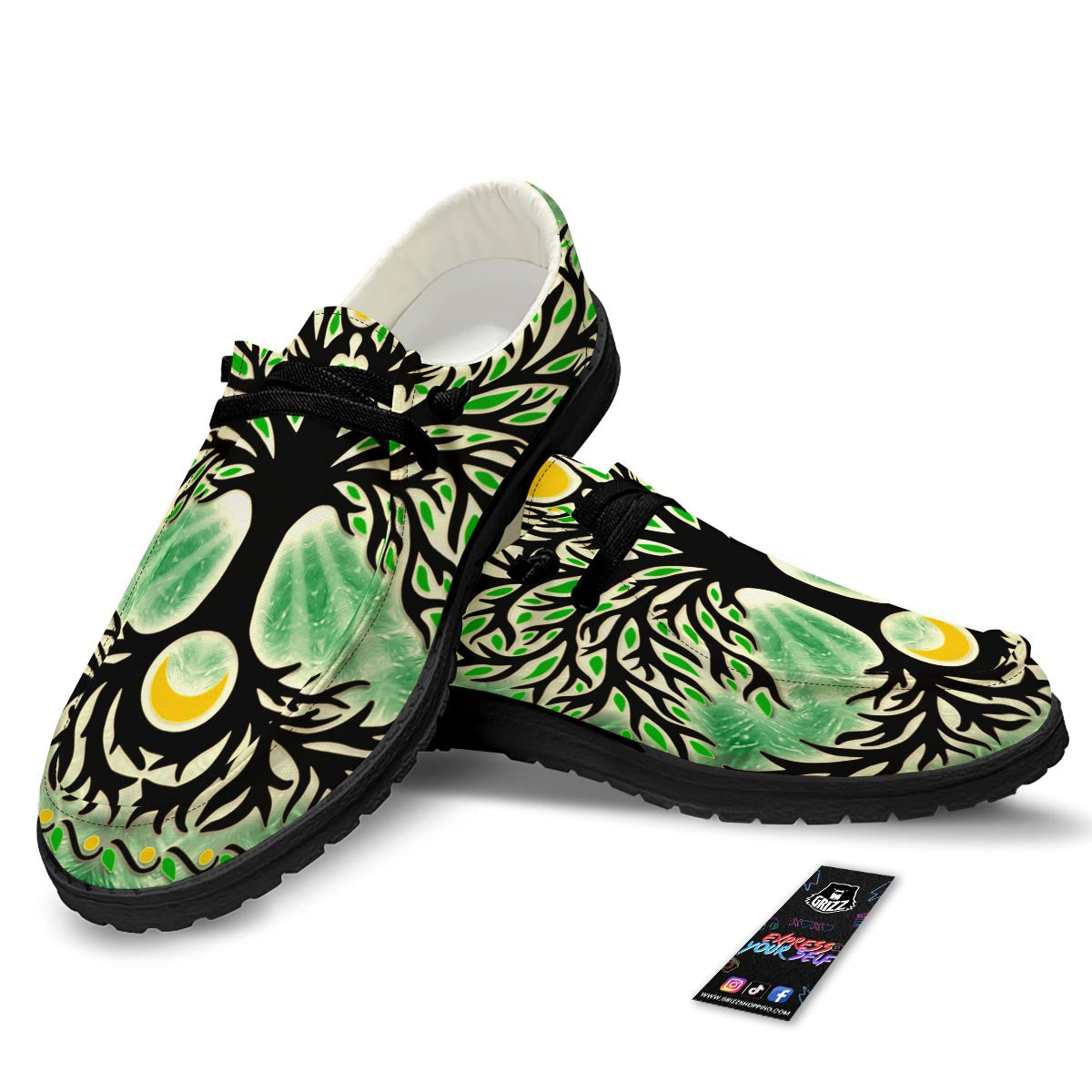 Yggdrasil Moon And Sun Print Black Loafers-grizzshop