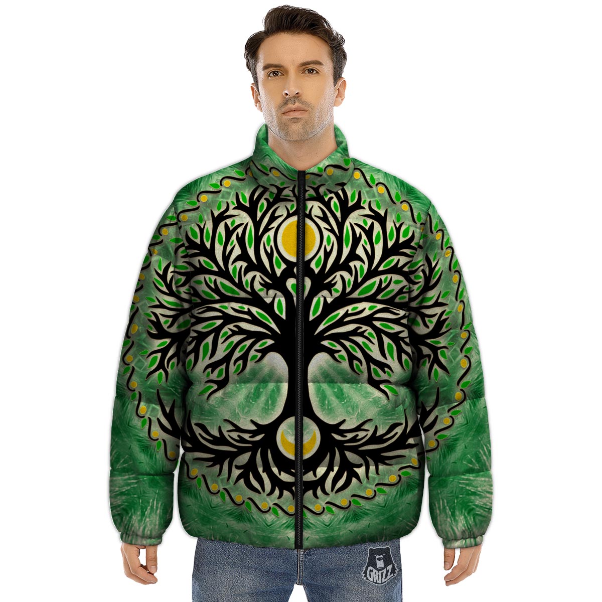 Yggdrasil Moon And Sun Print Puffer Jacket-grizzshop