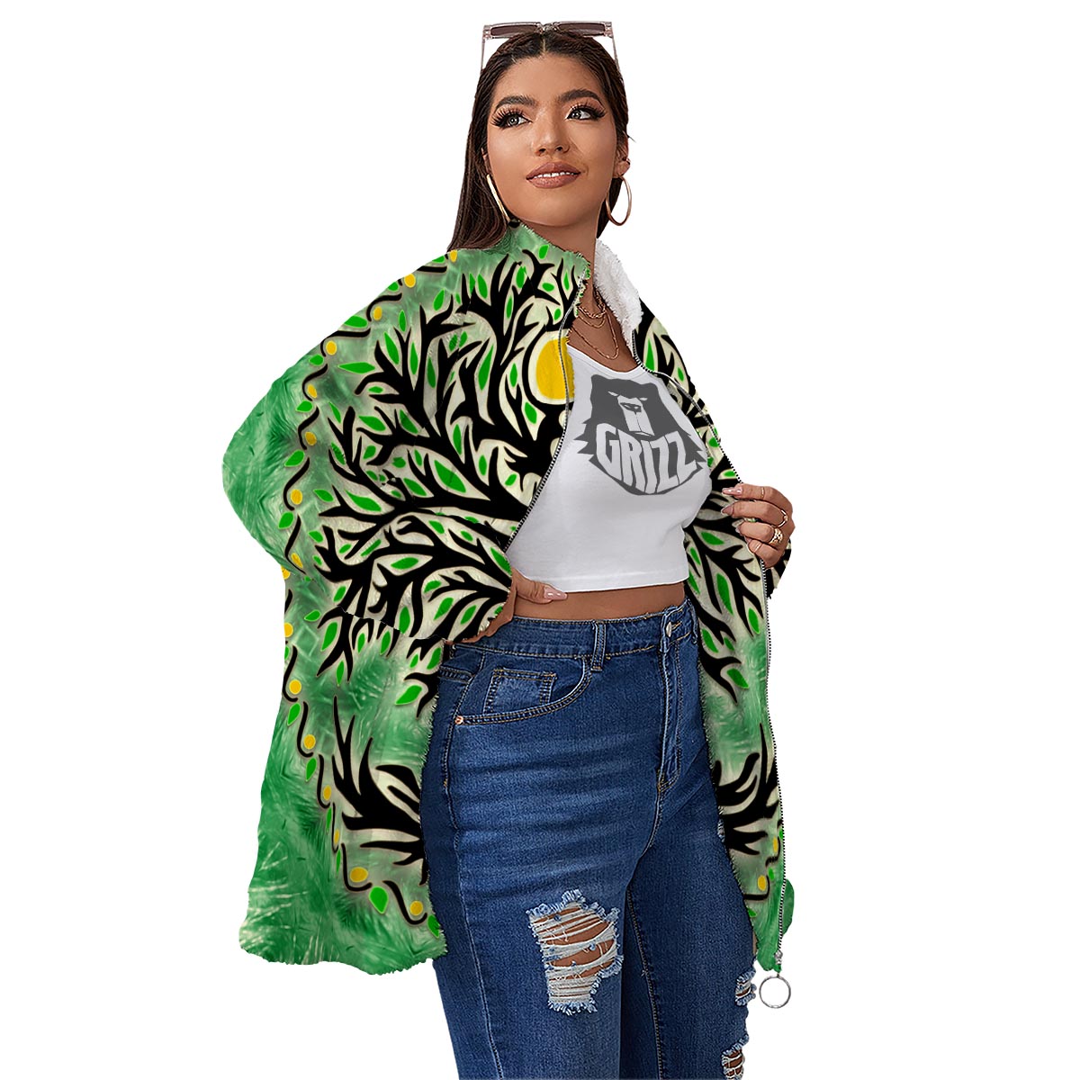 Yggdrasil Moon And Sun Print Women's Sherpa Jacket-grizzshop