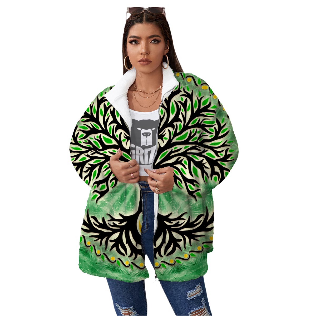 Yggdrasil Moon And Sun Print Women's Sherpa Jacket-grizzshop