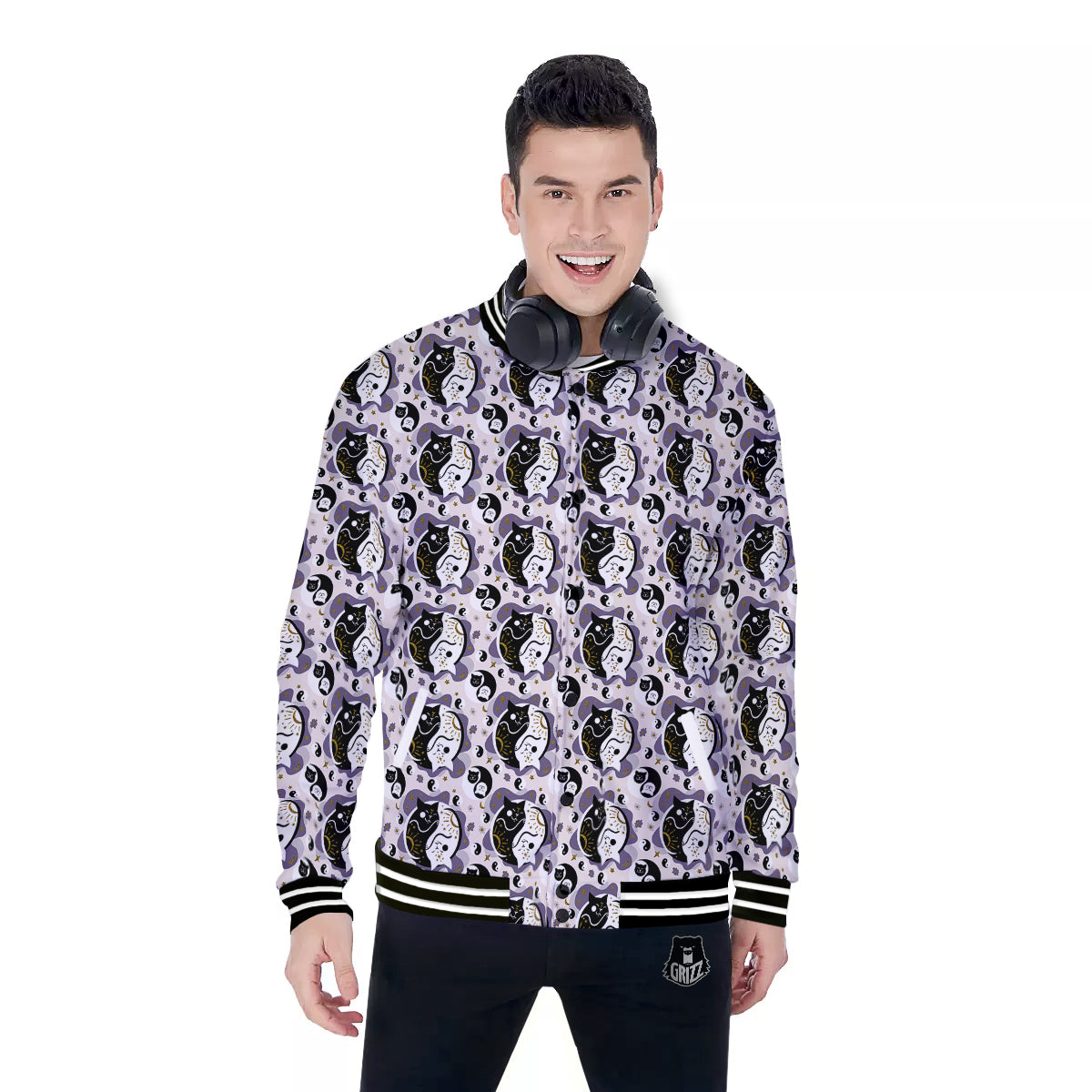 Yin Yang Black And White Cat Sleep Print Pattern Baseball Jacket-grizzshop