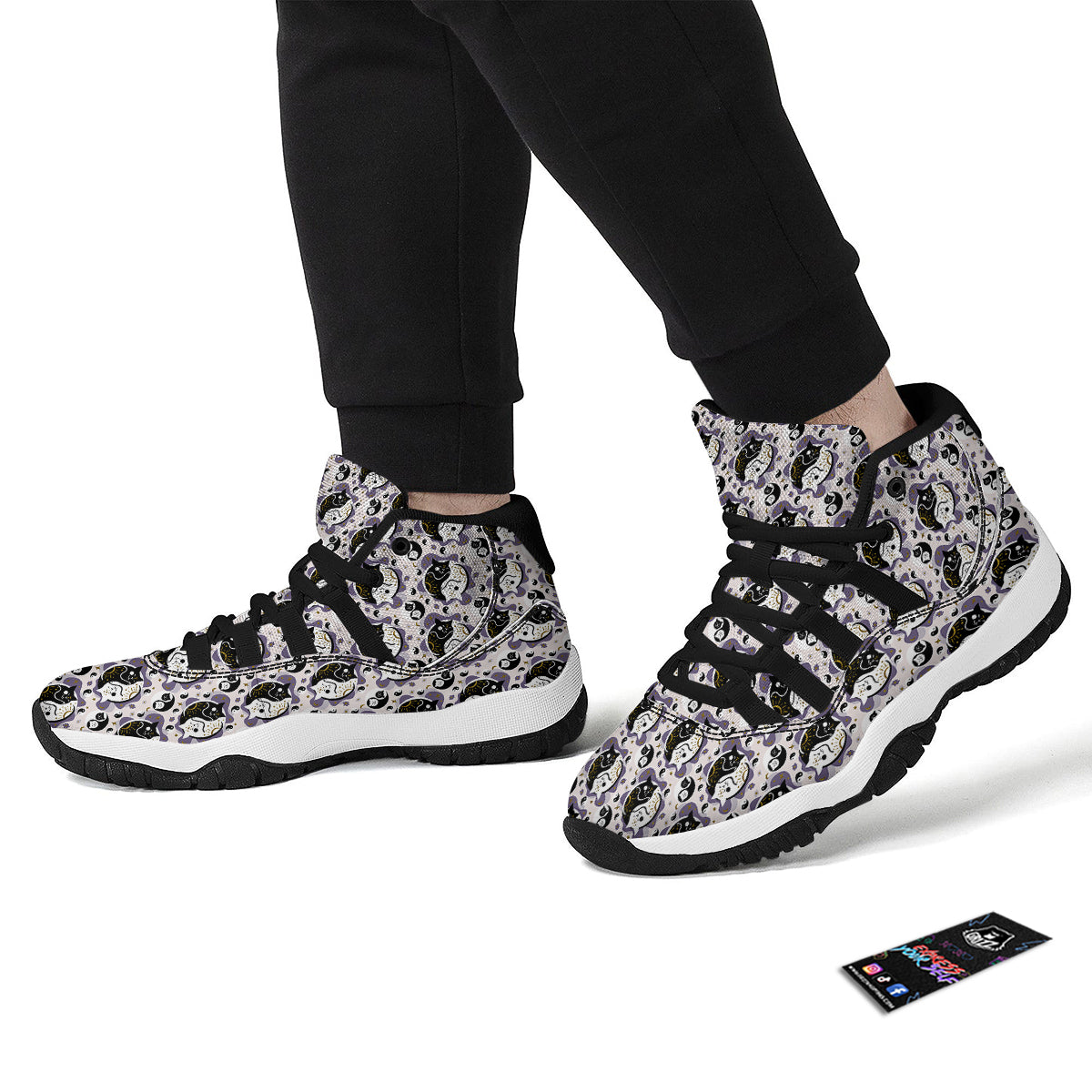 Yin Yang Black And White Cat Sleep Print Pattern Black Bball Shoes-grizzshop