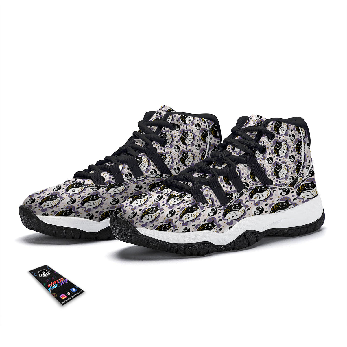 Yin Yang Black And White Cat Sleep Print Pattern Black Bball Shoes-grizzshop