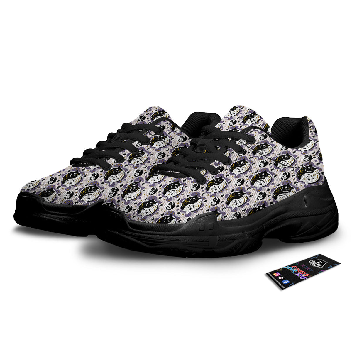 Yin Yang Black And White Cat Sleep Print Pattern Black Chunky Shoes-grizzshop