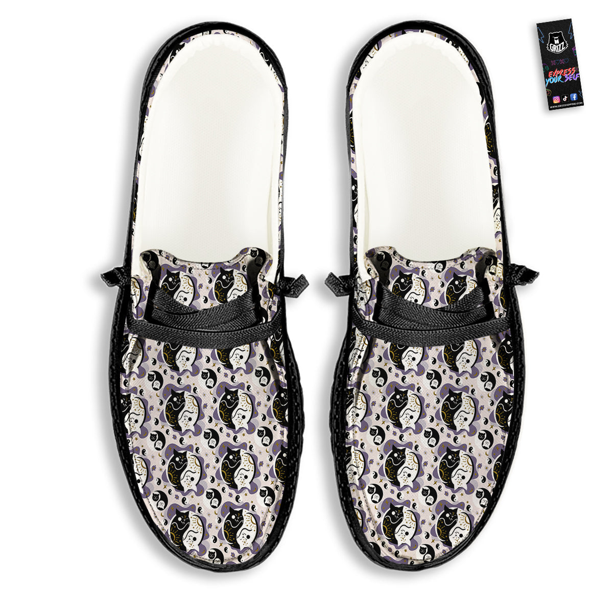 Yin Yang Black And White Cat Sleep Print Pattern Black Loafers-grizzshop