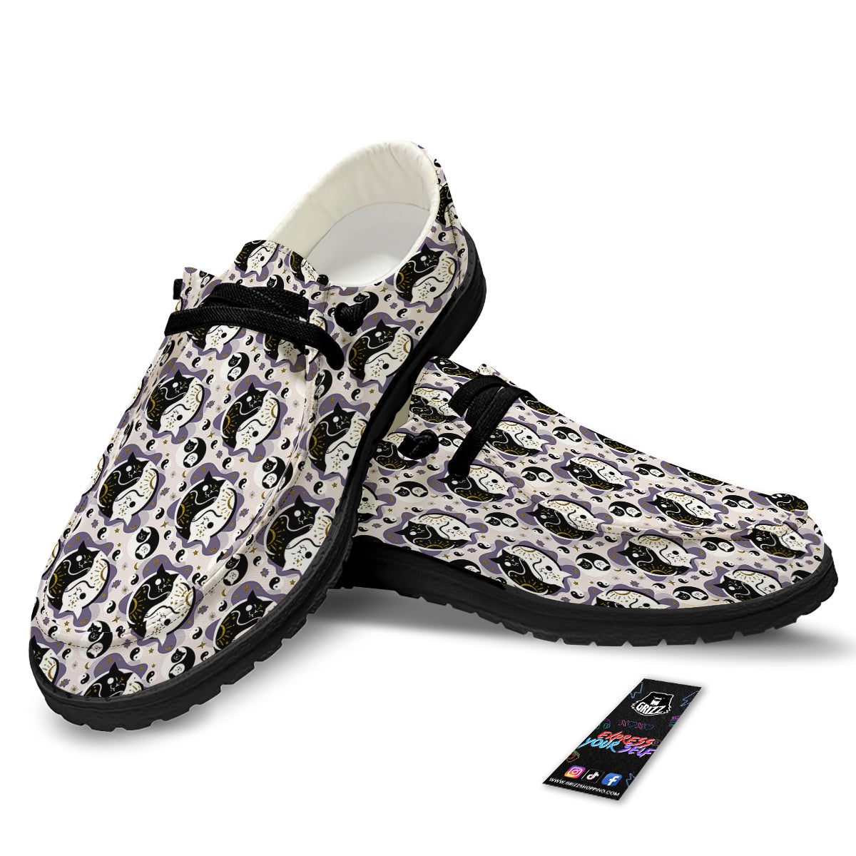 Yin Yang Black And White Cat Sleep Print Pattern Black Loafers-grizzshop